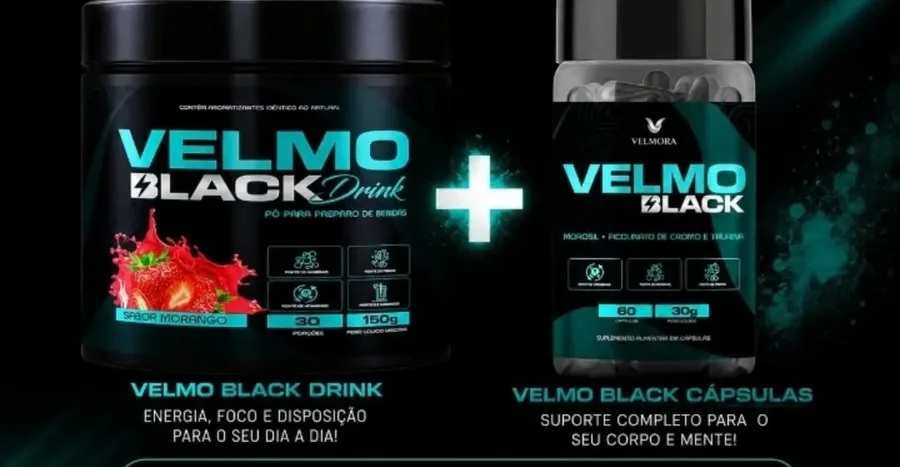Combo Velmo Black: pote do Velmo Black Drink ao lado das cápsulas Velmo Black
