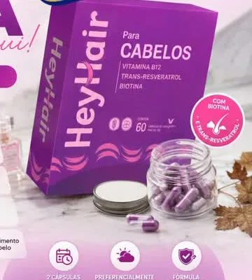 Caixa roxa do HeyHair, cápsulas para cabelos com biotina
