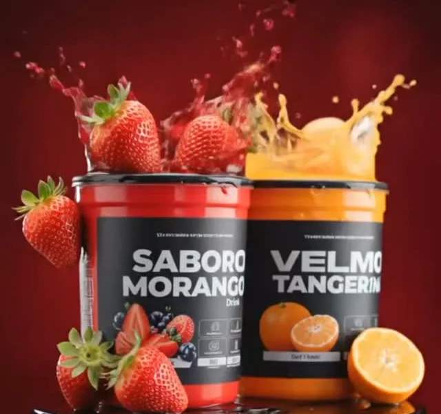 Velmo Black Drink sabor morango ao lado do sabor tangerina, com frutas