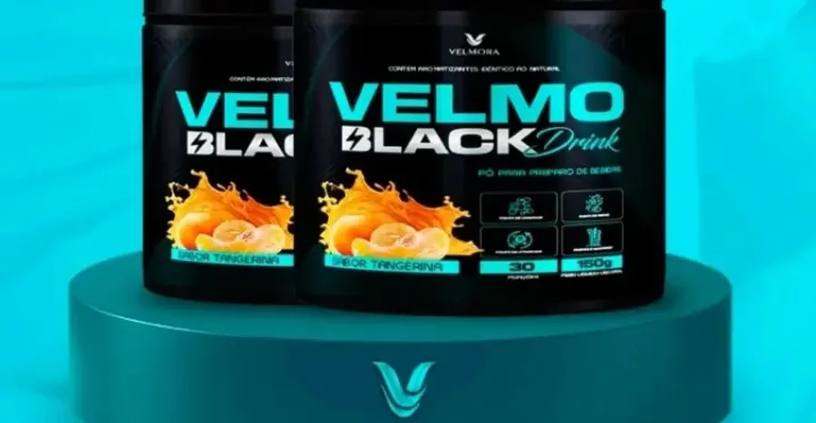 Velmo Black Drink sabor tangerina em fundo azul turquesa